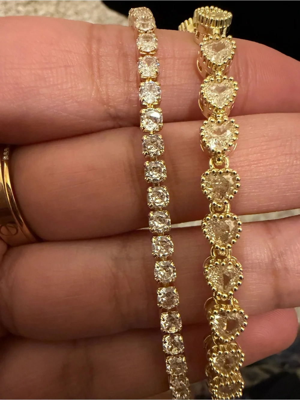 Gold Plated Heart & Crystal Tennis Bracelet Stack Set 7”